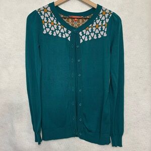 ModCloth Cardigan Button-Up Intarsia Flower Hearts Green and Yellow Small